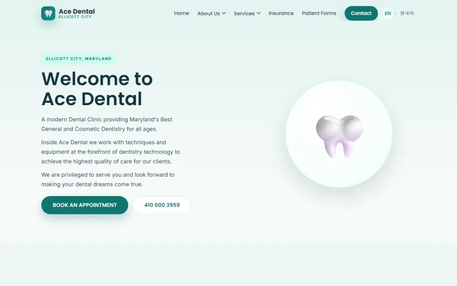Homepage of the Ace Dental Clinic website