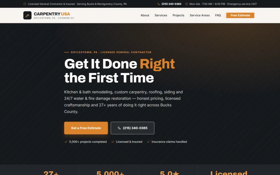 Homepage of the Carpentry USA LLC website