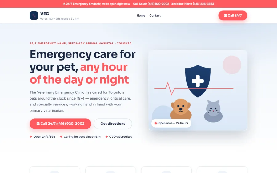 Homepage of the Veterinary Emergency Clinic website