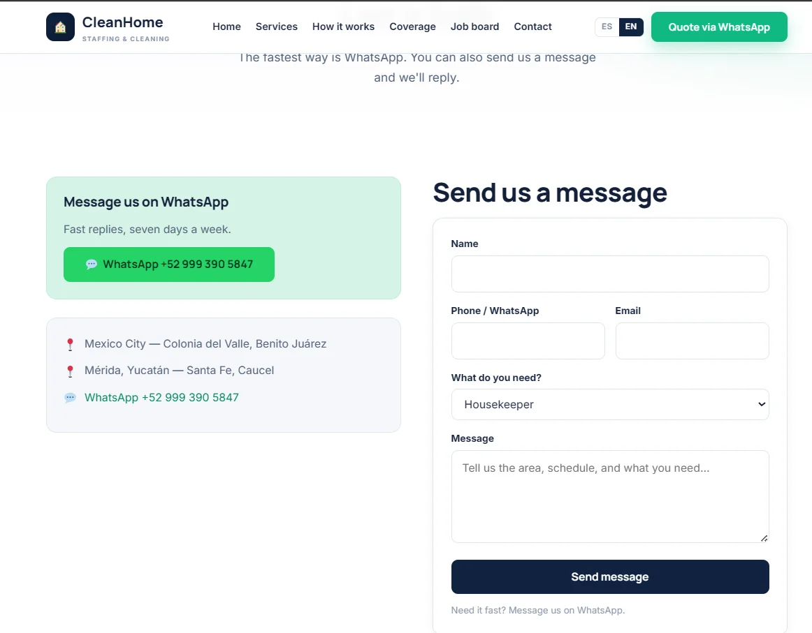 CleanHome Contact page after redesign