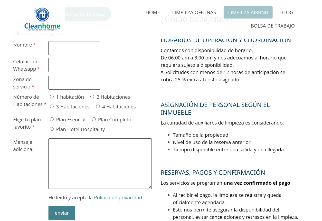 CleanHome Contact page before redesign