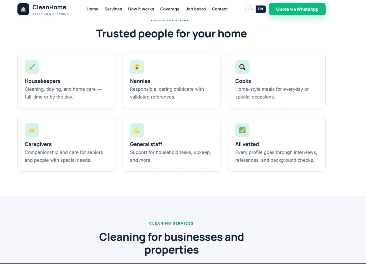 CleanHome Our Work page after redesign