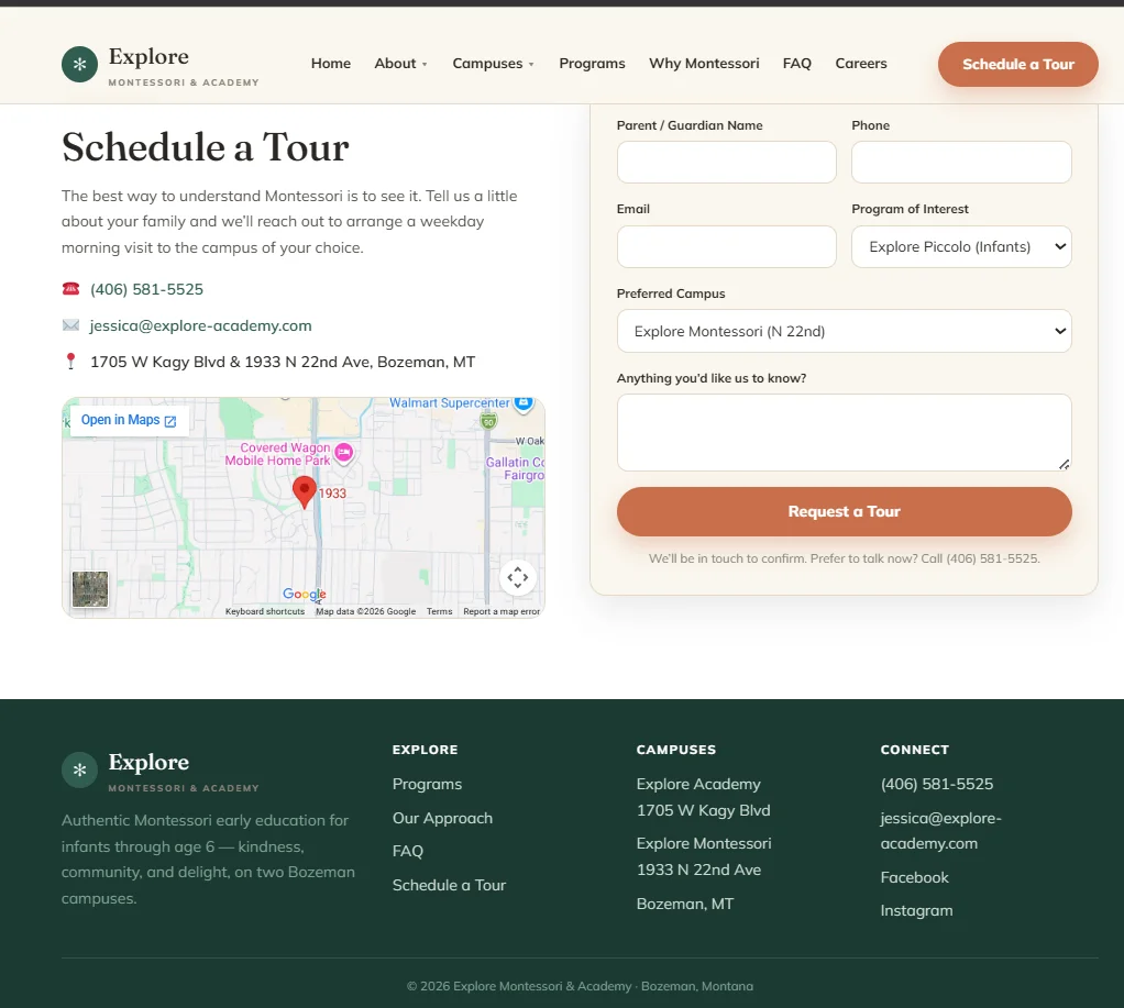 Explore Montessori Contact page after redesign
