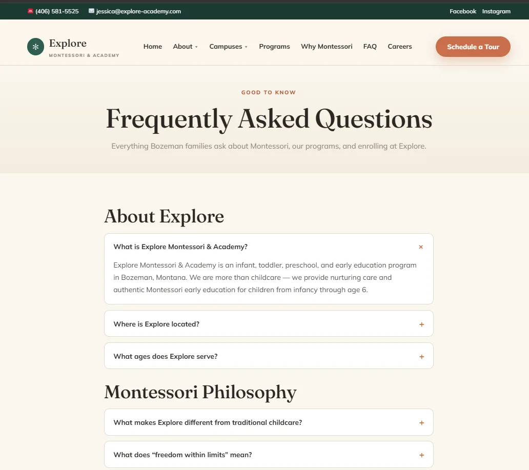 Explore Montessori FAQ page after redesign
