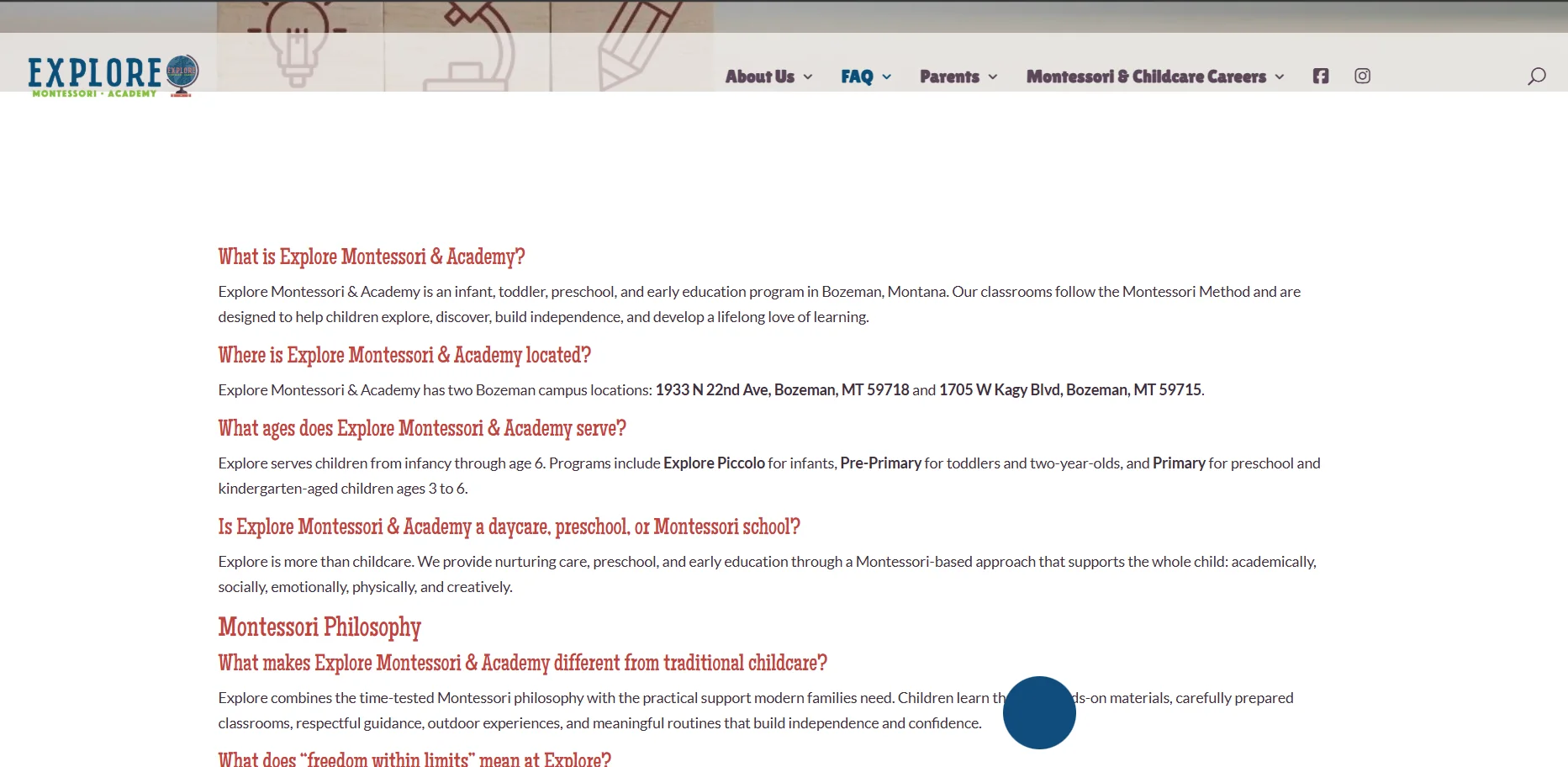 Explore Montessori FAQ page before redesign