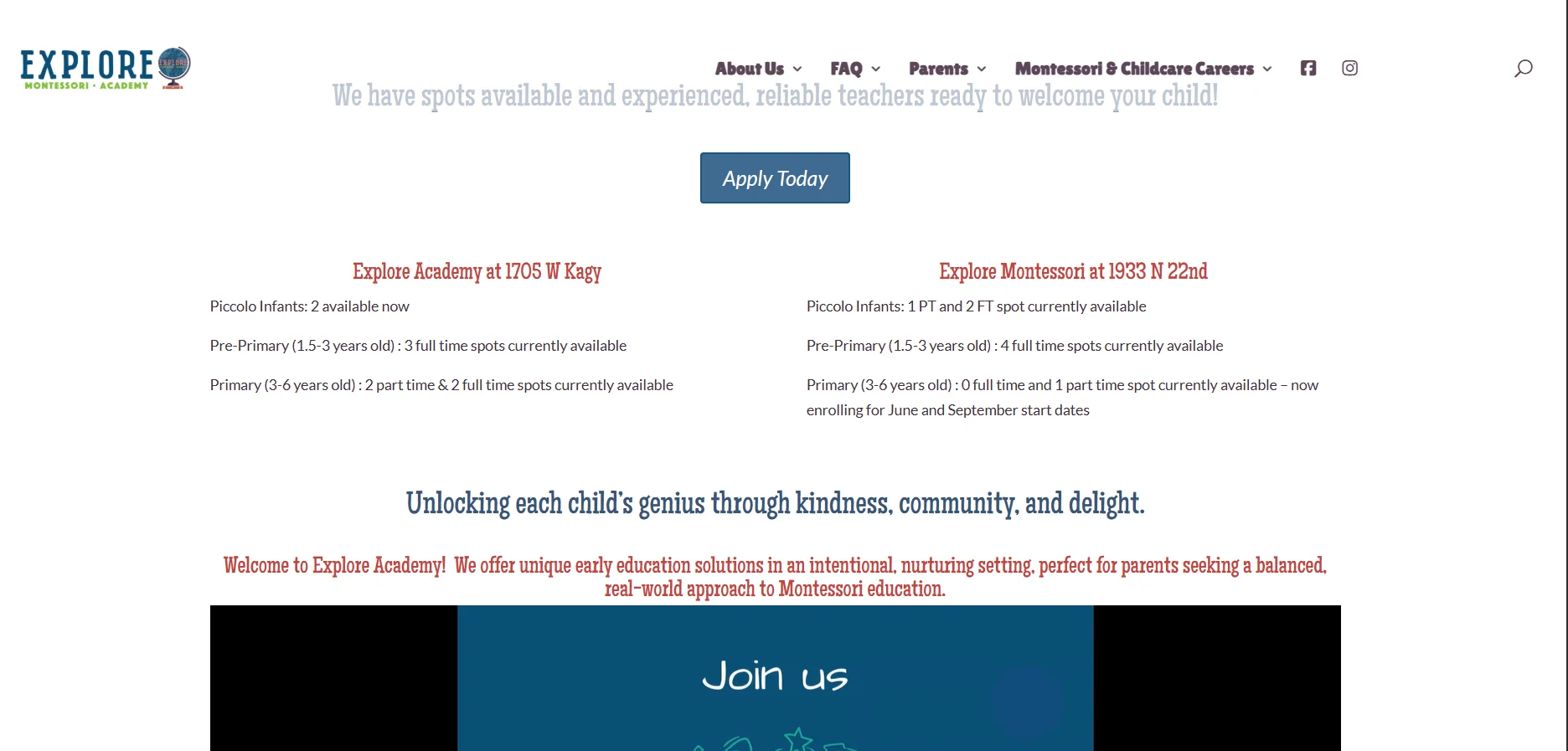 Explore Montessori Home page before redesign