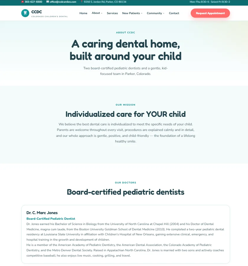 Colorado Children's Dental Center About page after redesign