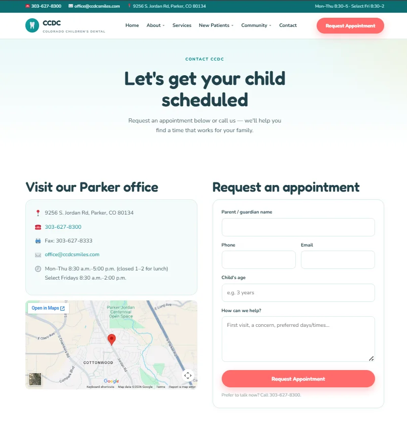 Colorado Children's Dental Center Contact page after redesign