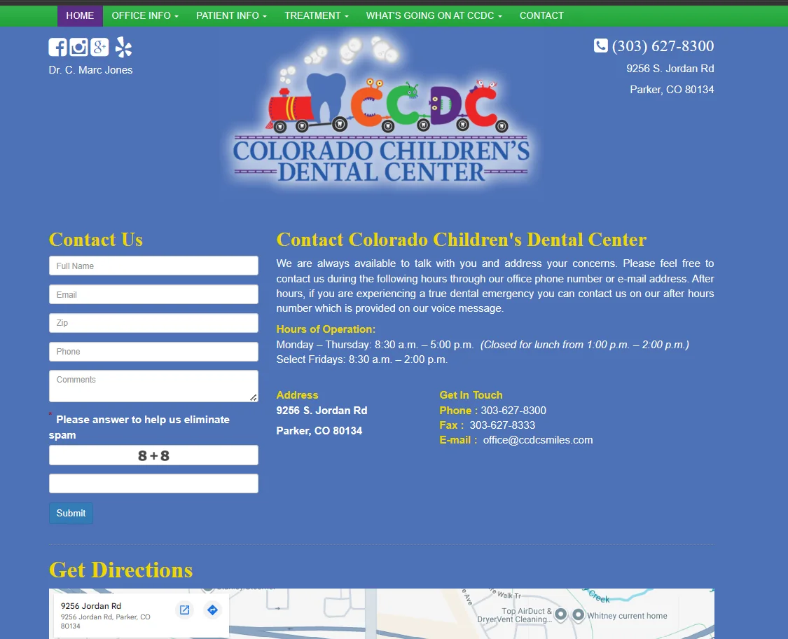 Colorado Children's Dental Center Contact page before redesign