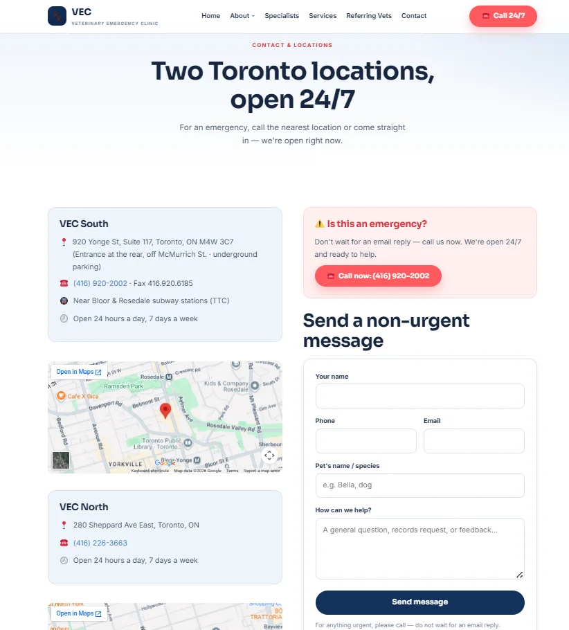 Emergency Veterinary Clinic Contact page after redesign