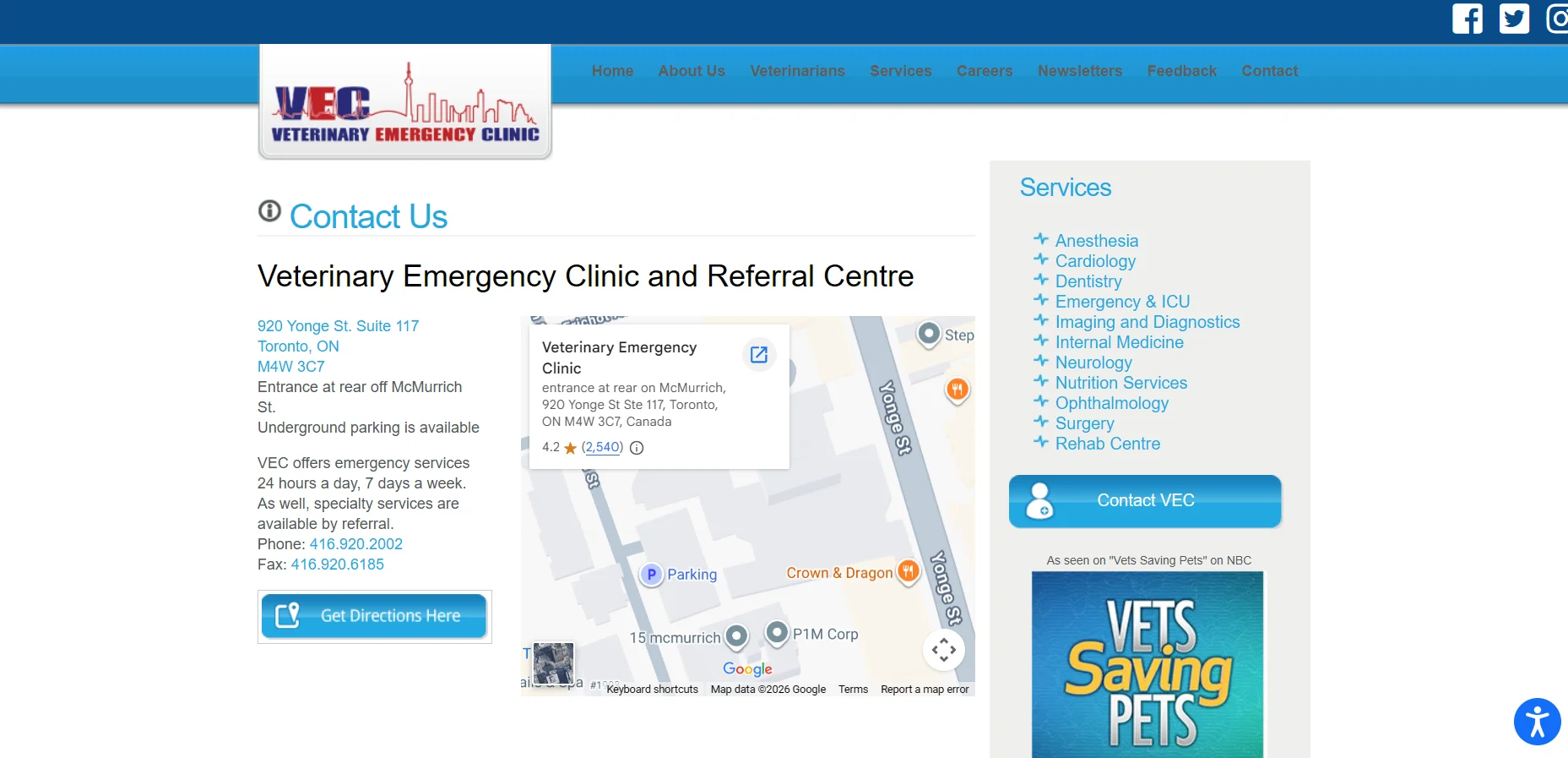 Emergency Veterinary Clinic Contact page before redesign