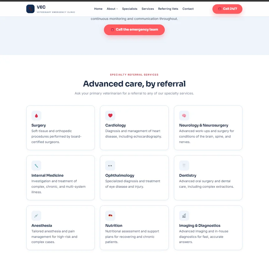 Emergency Veterinary Clinic Services page after redesign